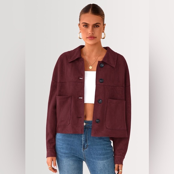 PrettyGarden Jackets & Blazers - PRETTYGARDEN Faux Suede Cropped Jacket Burgundy Size L Like New